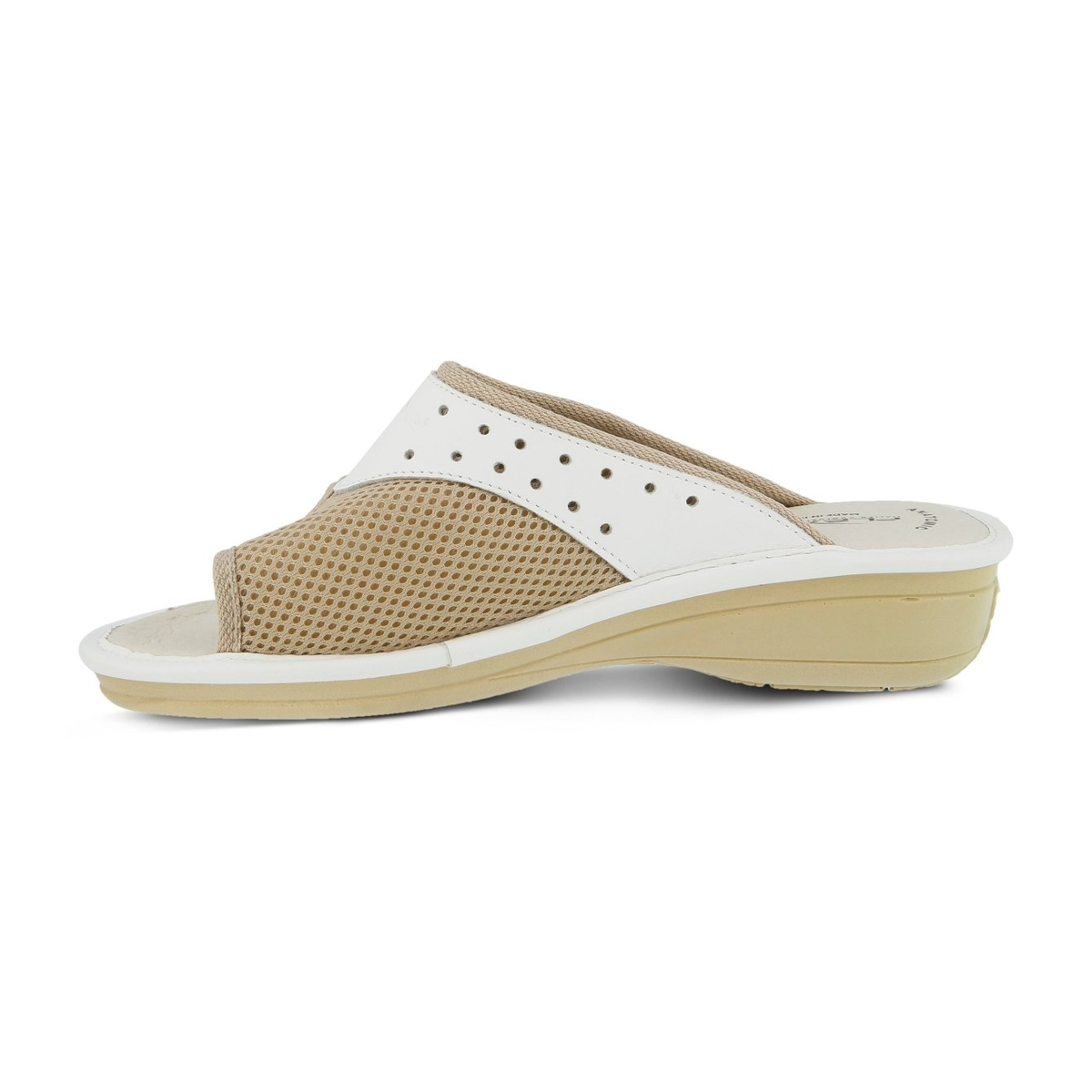 Flexus Pascalle slide sandal in white, side view showing mesh upper