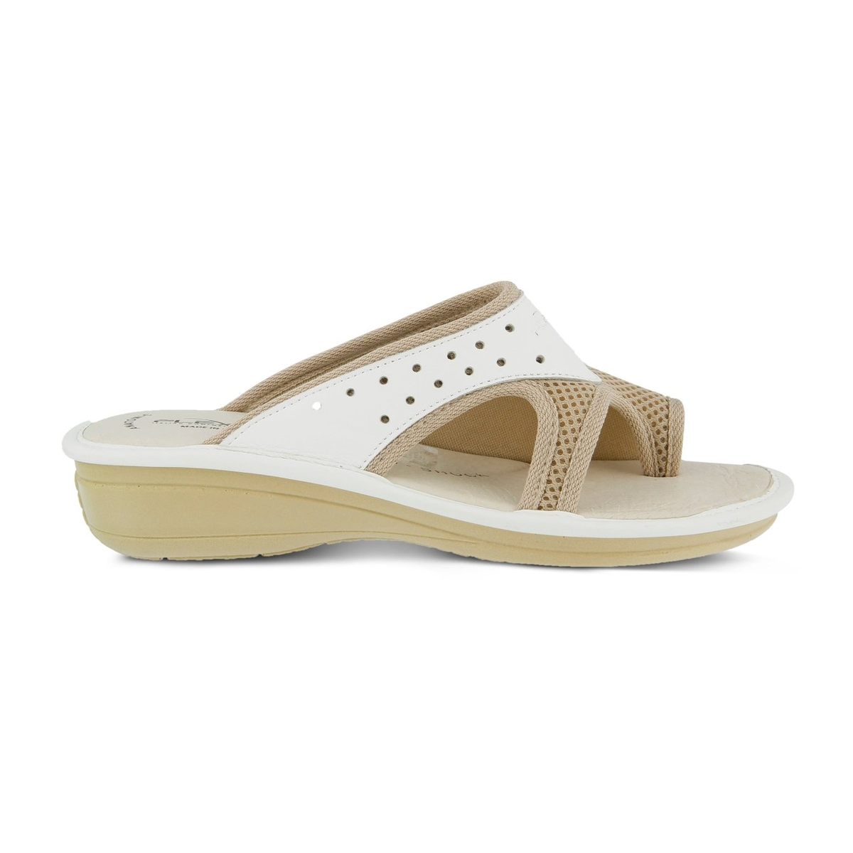 Flexus Pascalle slide sandal in white, side view showing toe loop
