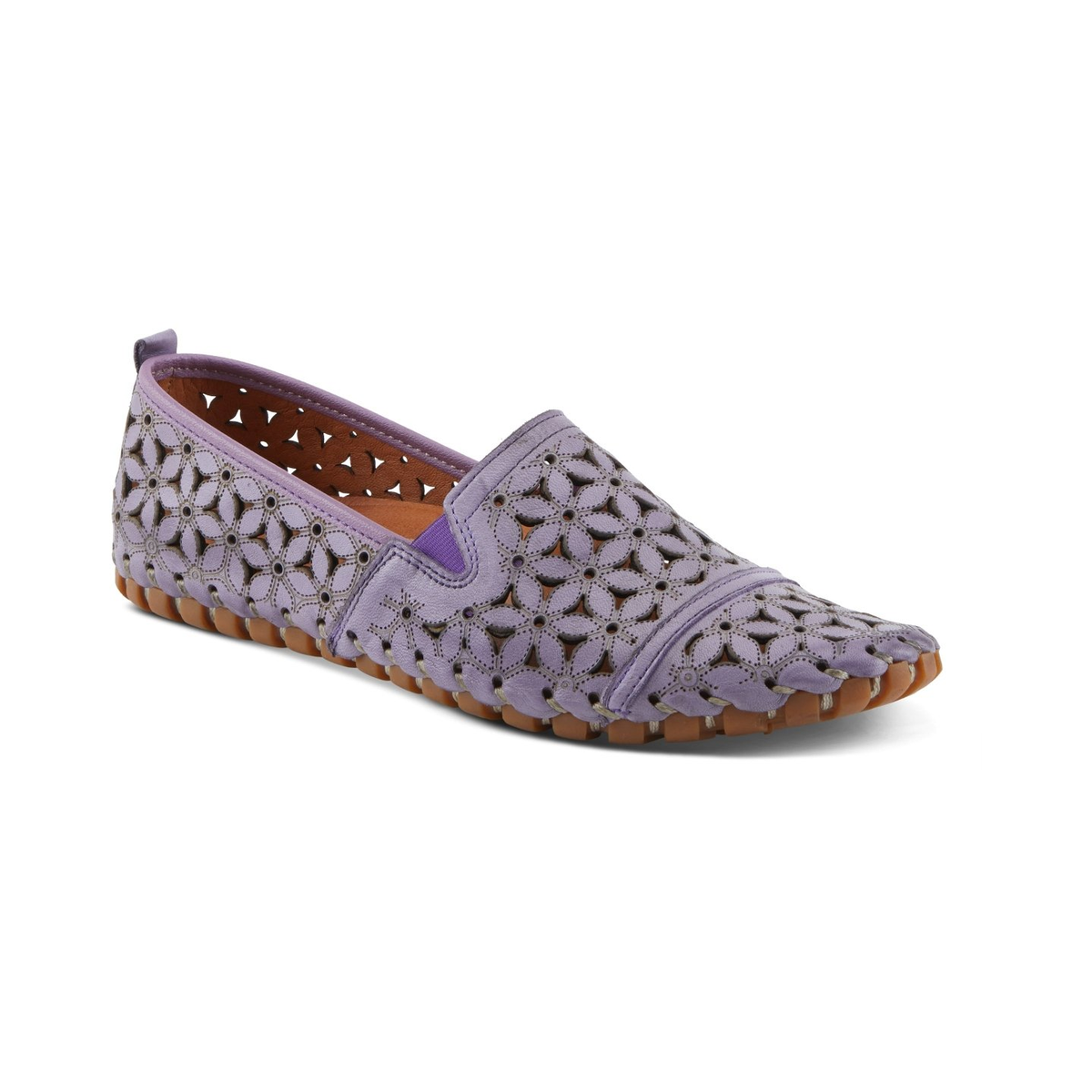 Spring Step Flowerflow Lavender slip-on shoe, front three-quarter view on white