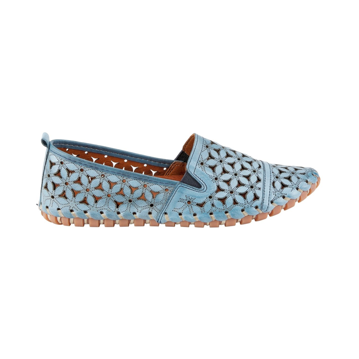 Spring Step Flowerflow Blue slip-on shoe, side view on white