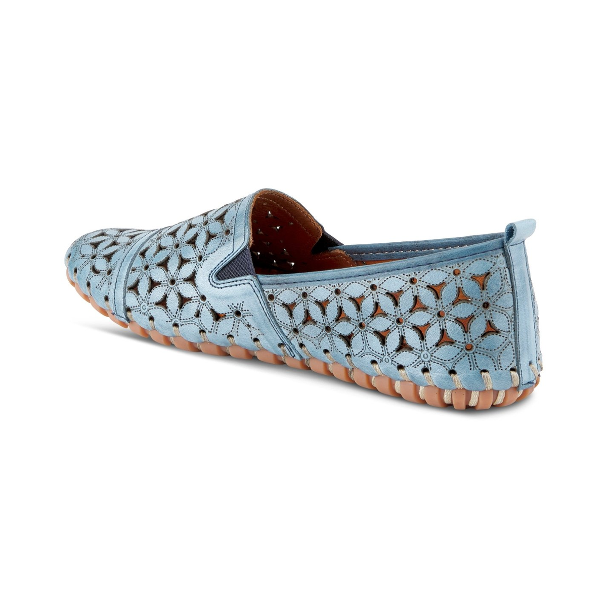 Spring Step Flowerflow Blue slip-on shoe, rear three-quarter view on white