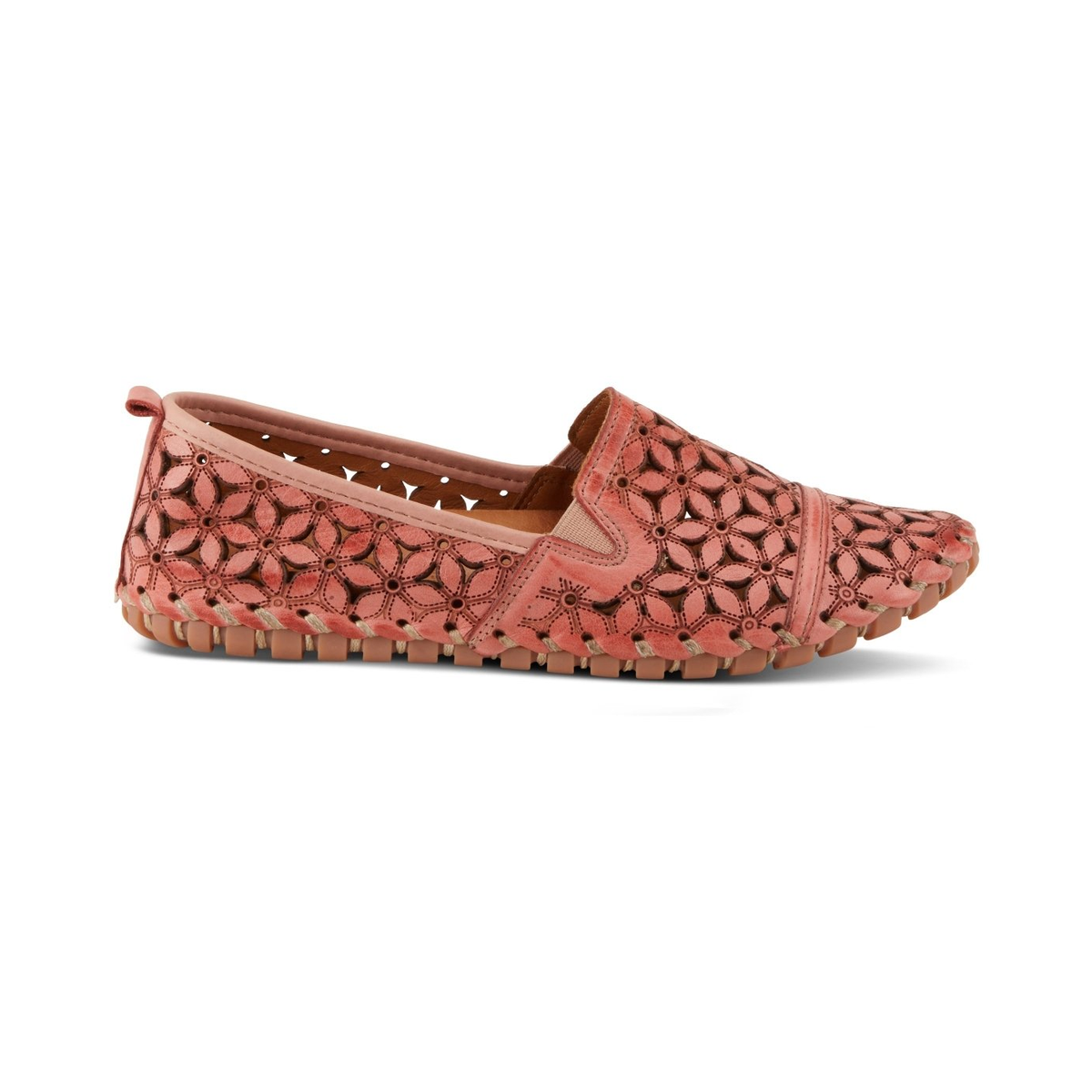 Spring Step Flowerflow Salmon slip-on shoe, side view on white