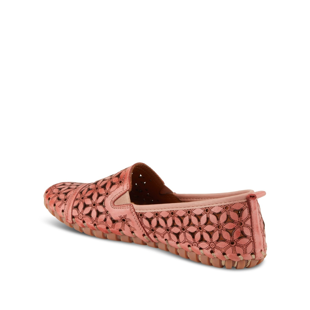 Spring Step Flowerflow Salmon slip-on shoe, rear three-quarter view on white