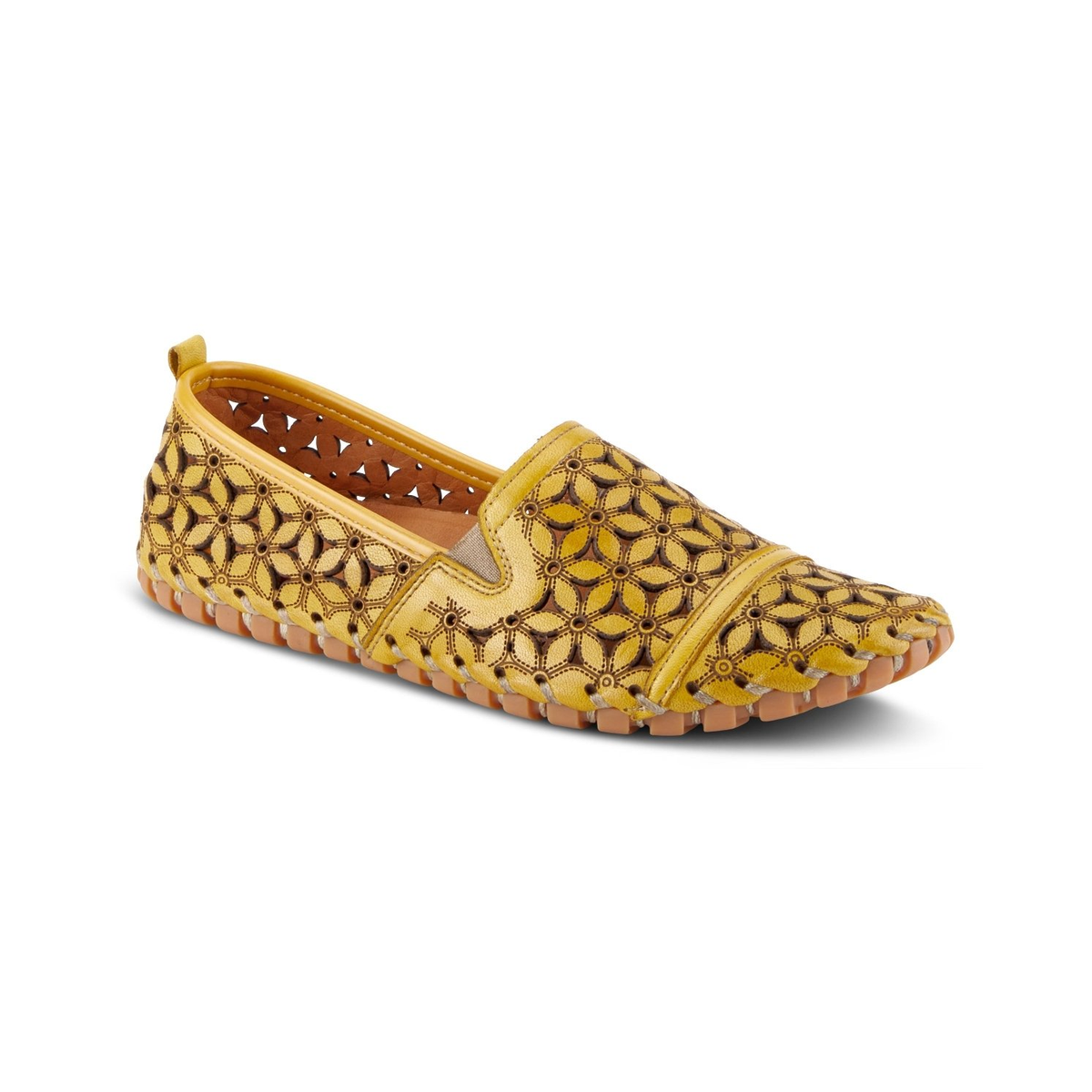 Spring Step Flowerflow Yellow slip-on shoe, front three-quarter view on white