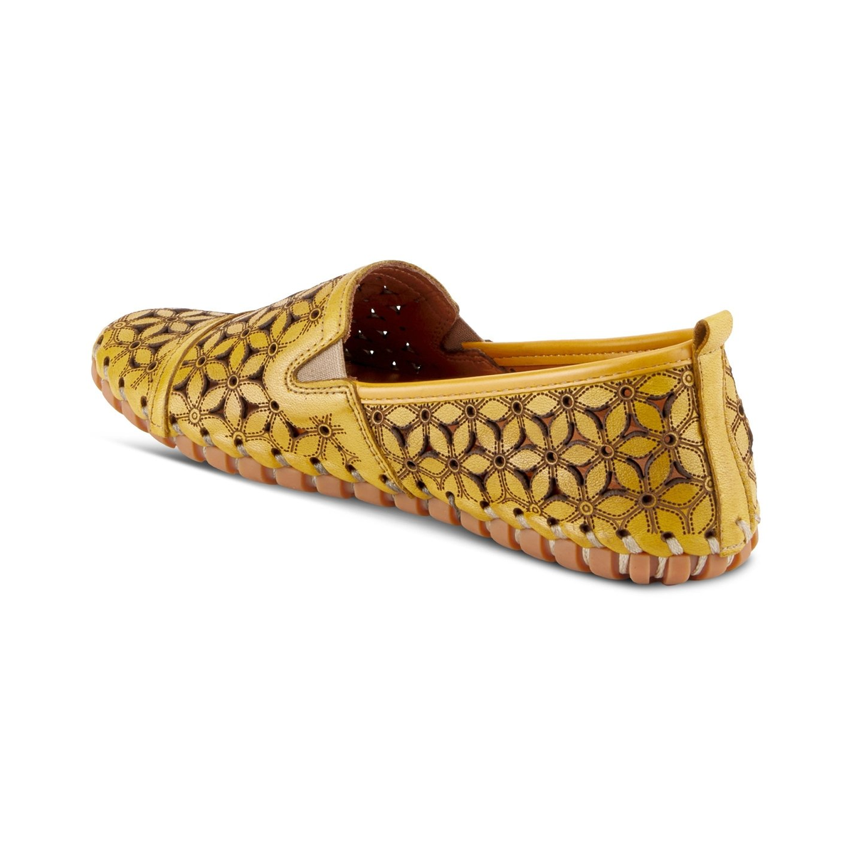 Spring Step Flowerflow Yellow slip-on shoe, rear three-quarter view on white