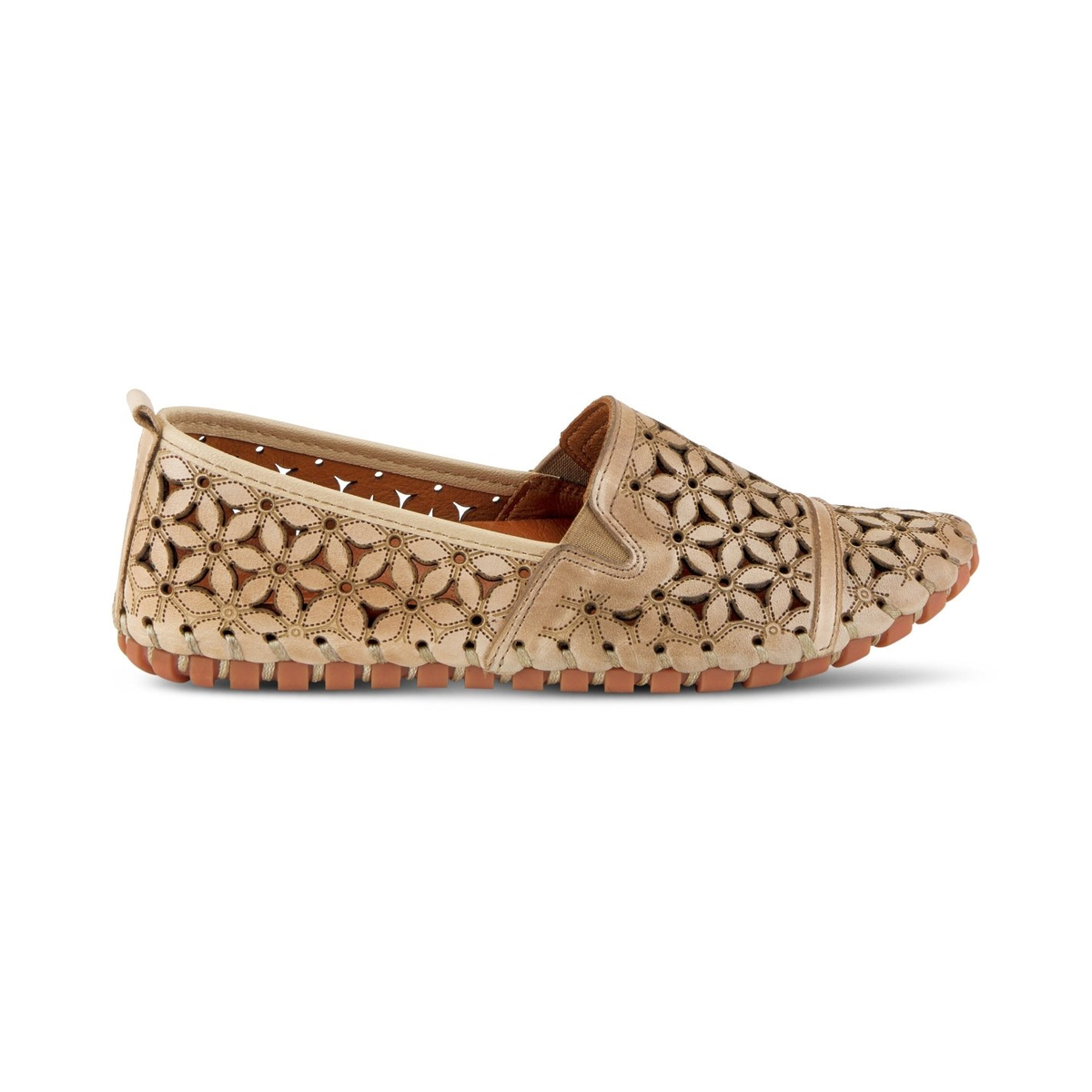 Spring Step Flowerflow Beige slip-on shoe, side view on white
