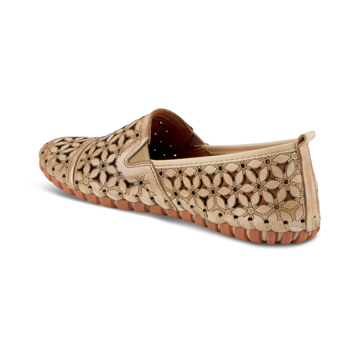 Spring Step Flowerflow Beige slip-on shoe, rear three-quarter view on white