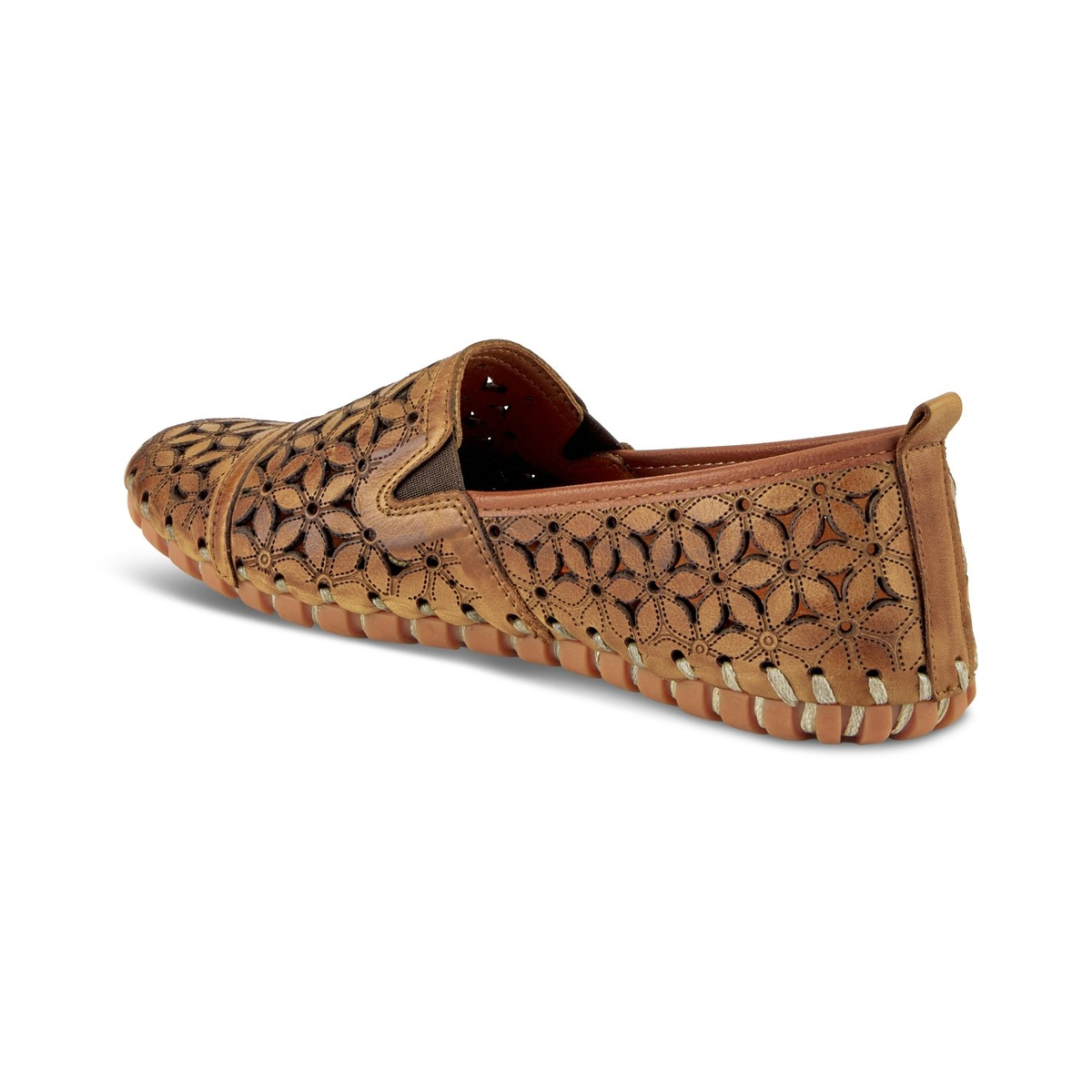 Spring Step Flowerflow Light Brown slip-on shoe, rear three-quarter view on white