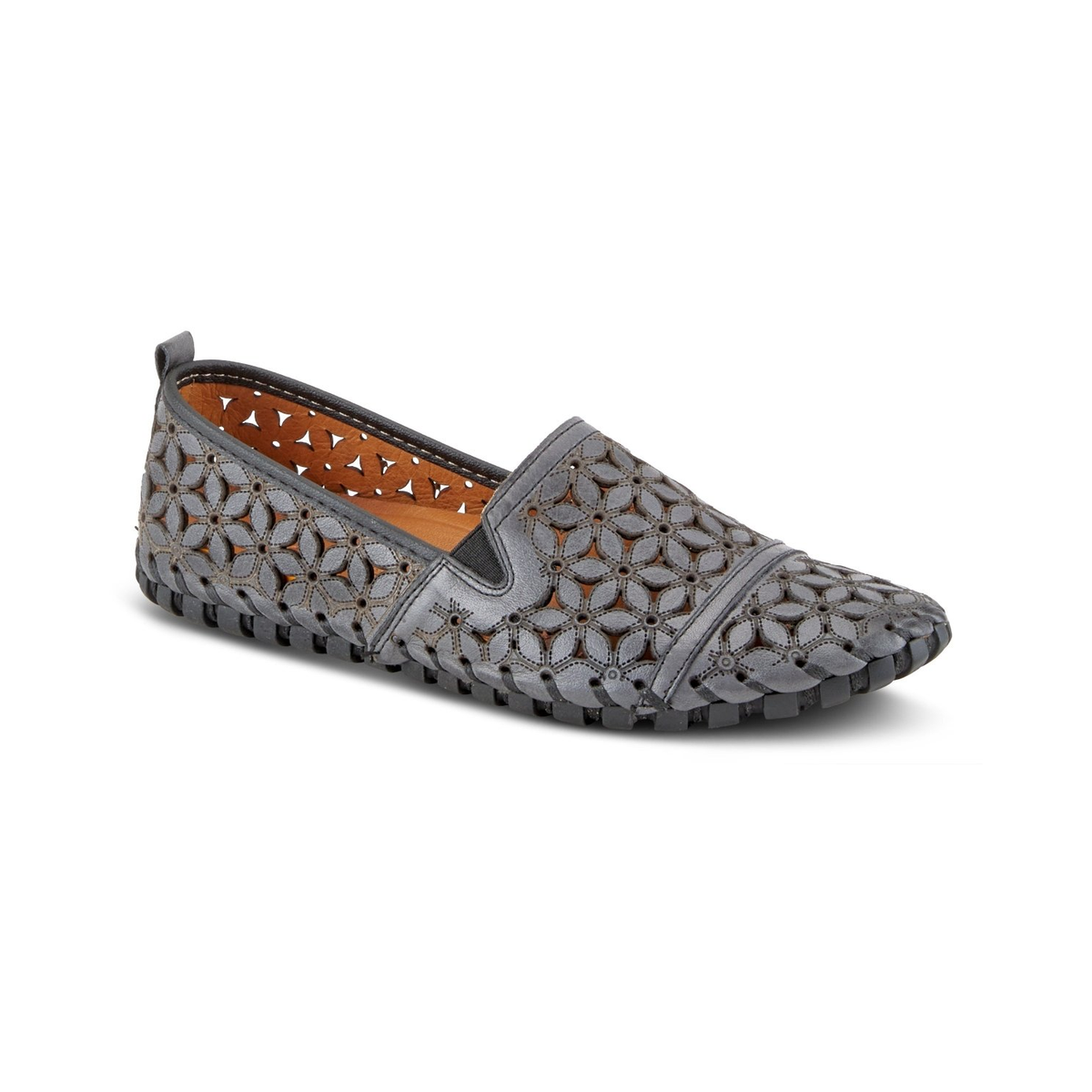 Spring Step Flowerflow Charcoal slip-on shoe, front three-quarter view on white