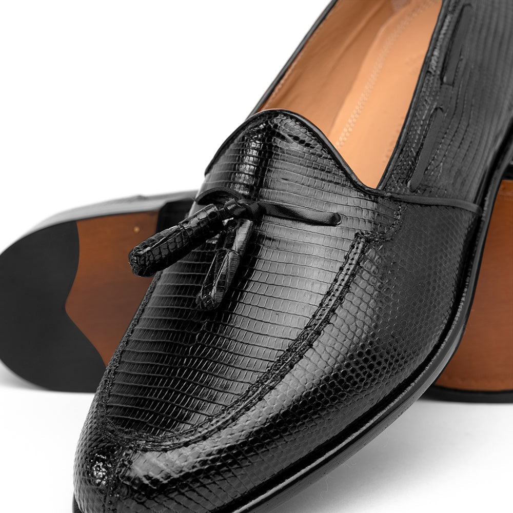 Zelli Italia 14-580-BLK FRANCO Teju Lizard Tassel Loafer, Black Angled View