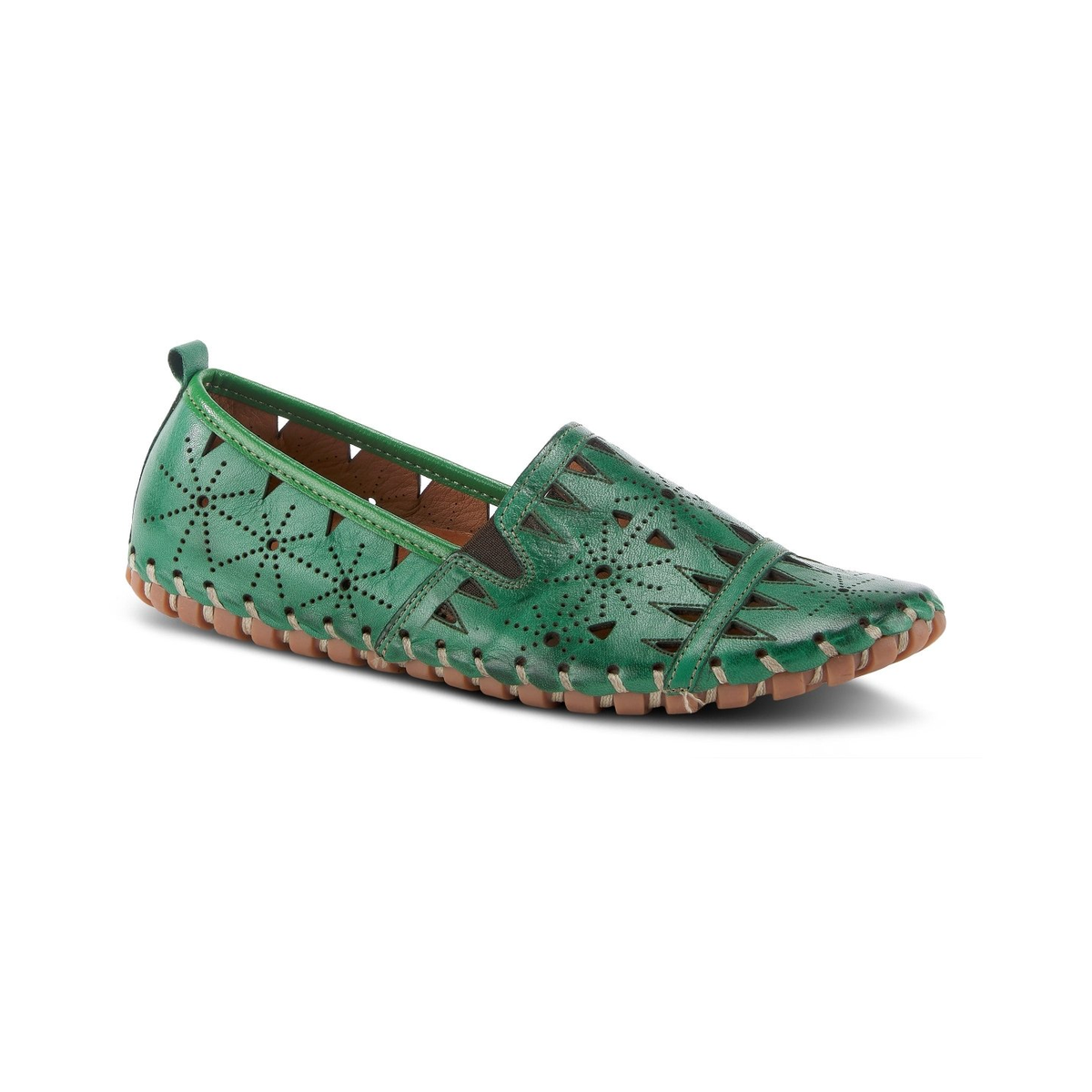 Spring Step Fusaro Green slip-on shoe, front three-quarter view on white.