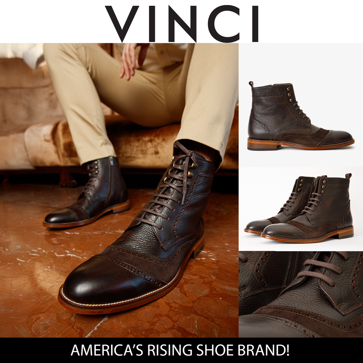 Vinci Leather The Anderson Brown Leather & Suede Brogue Lace-Up Men Boot with a Zipper – product view 2