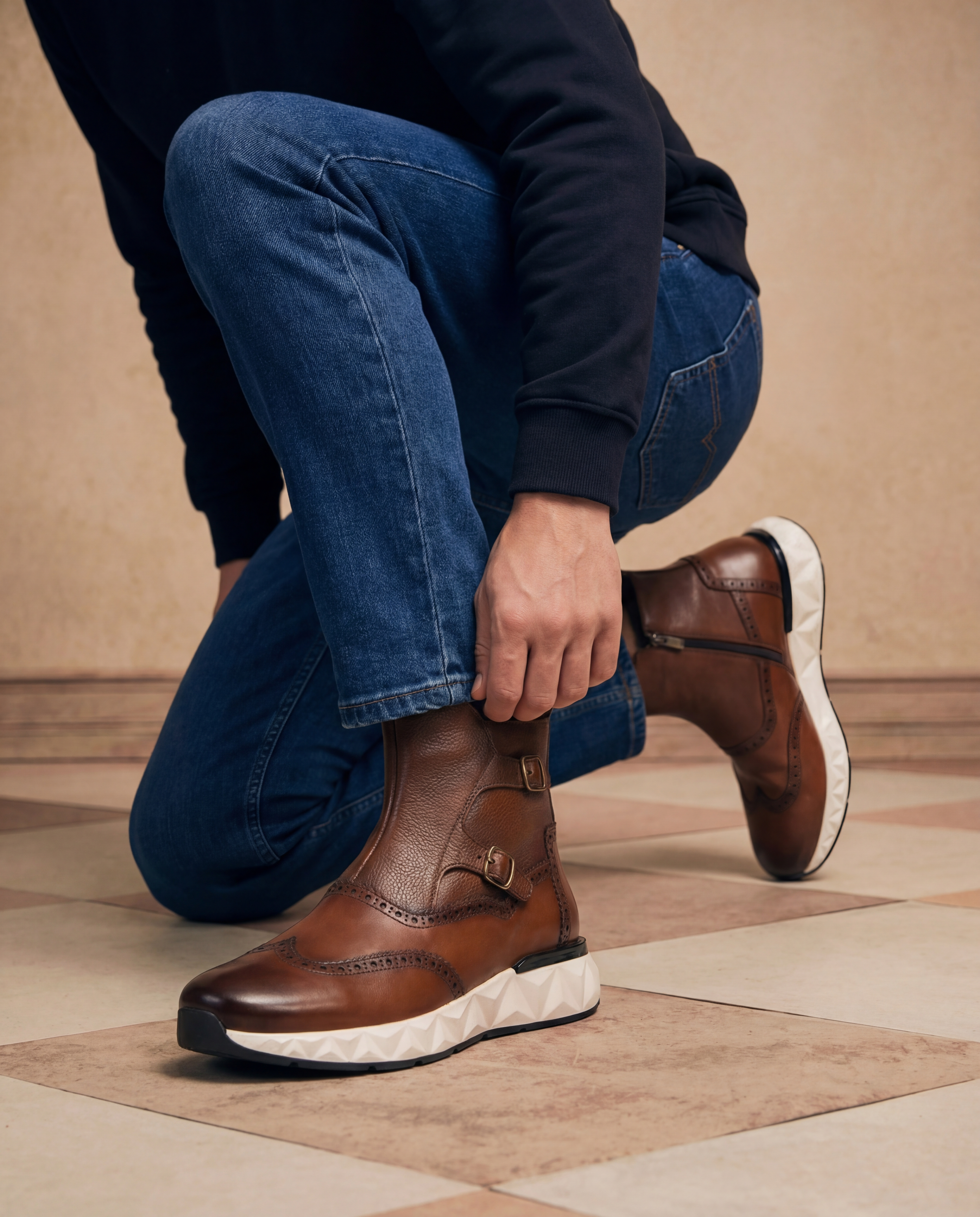 The Stealth Wingtip Buckle Tan Leather Men Boot
