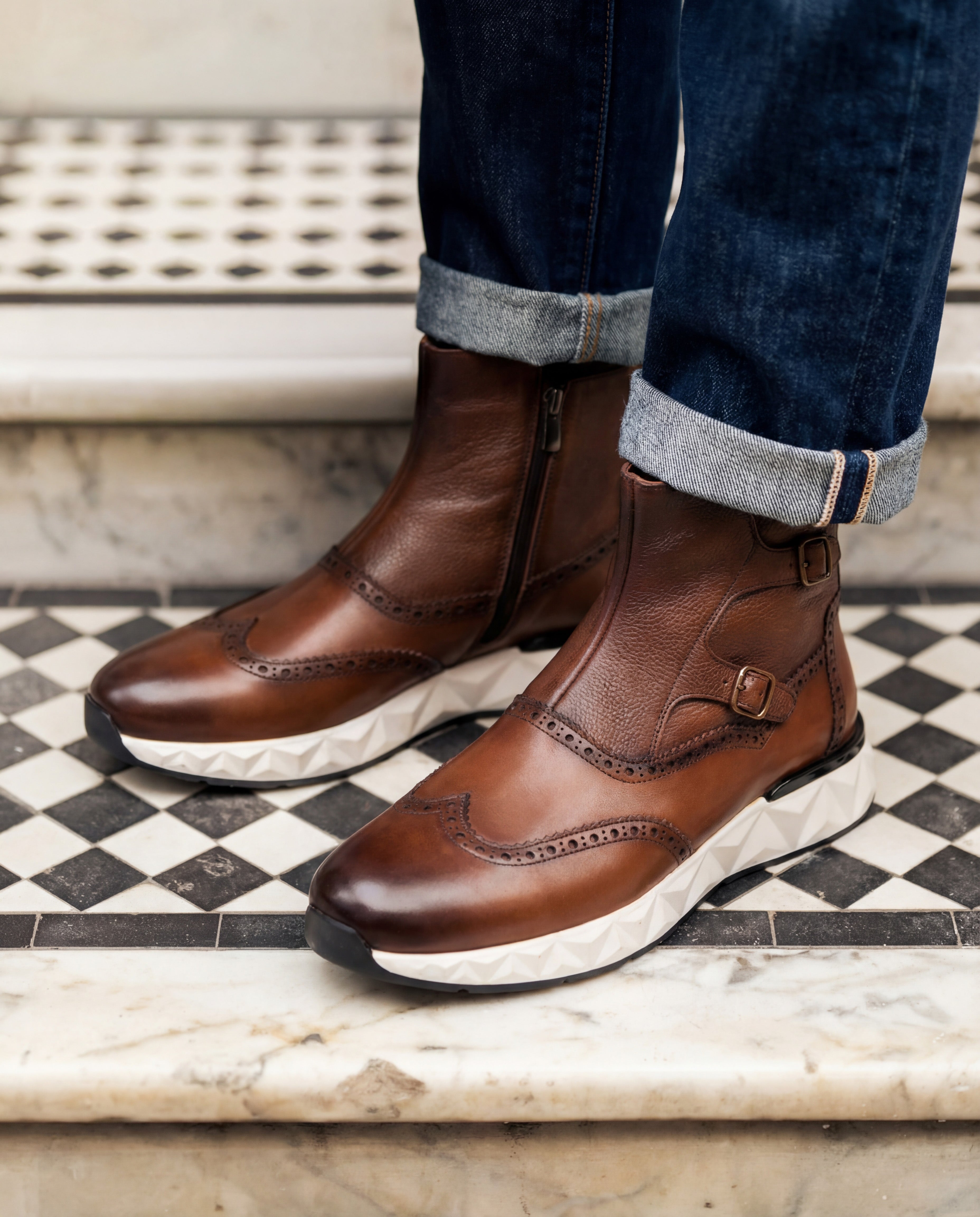 The Stealth Wingtip Buckle Tan Leather Men Boot