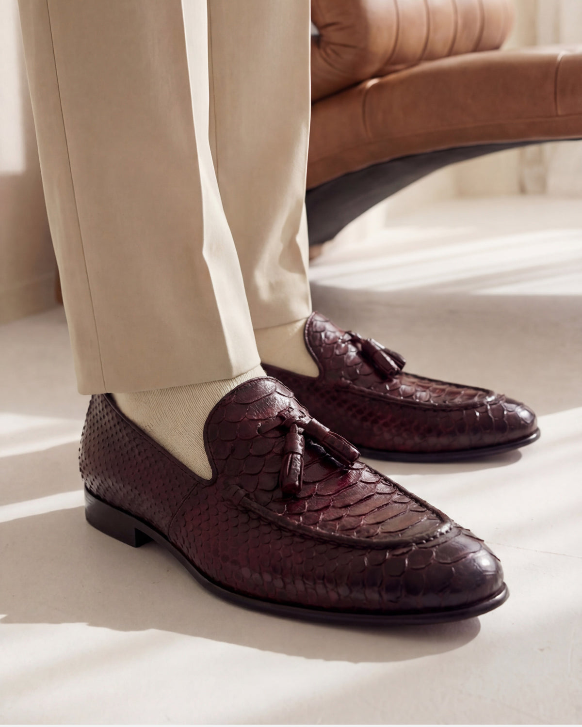 The Bethesda Burgundy Pyhtn Skin Leather Tassel Loafer Men Shoe