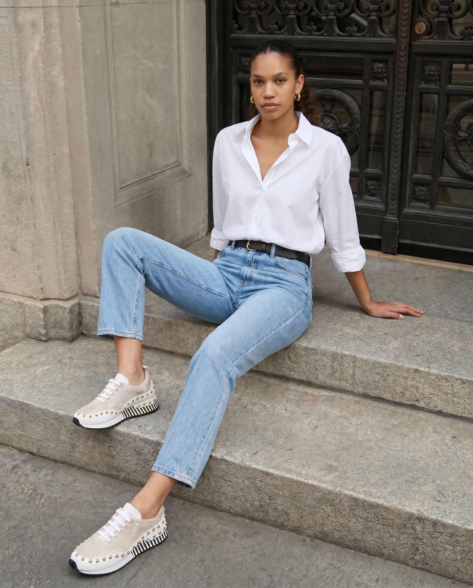 The Aurelia White Gold Woven Leather Women Sneaker