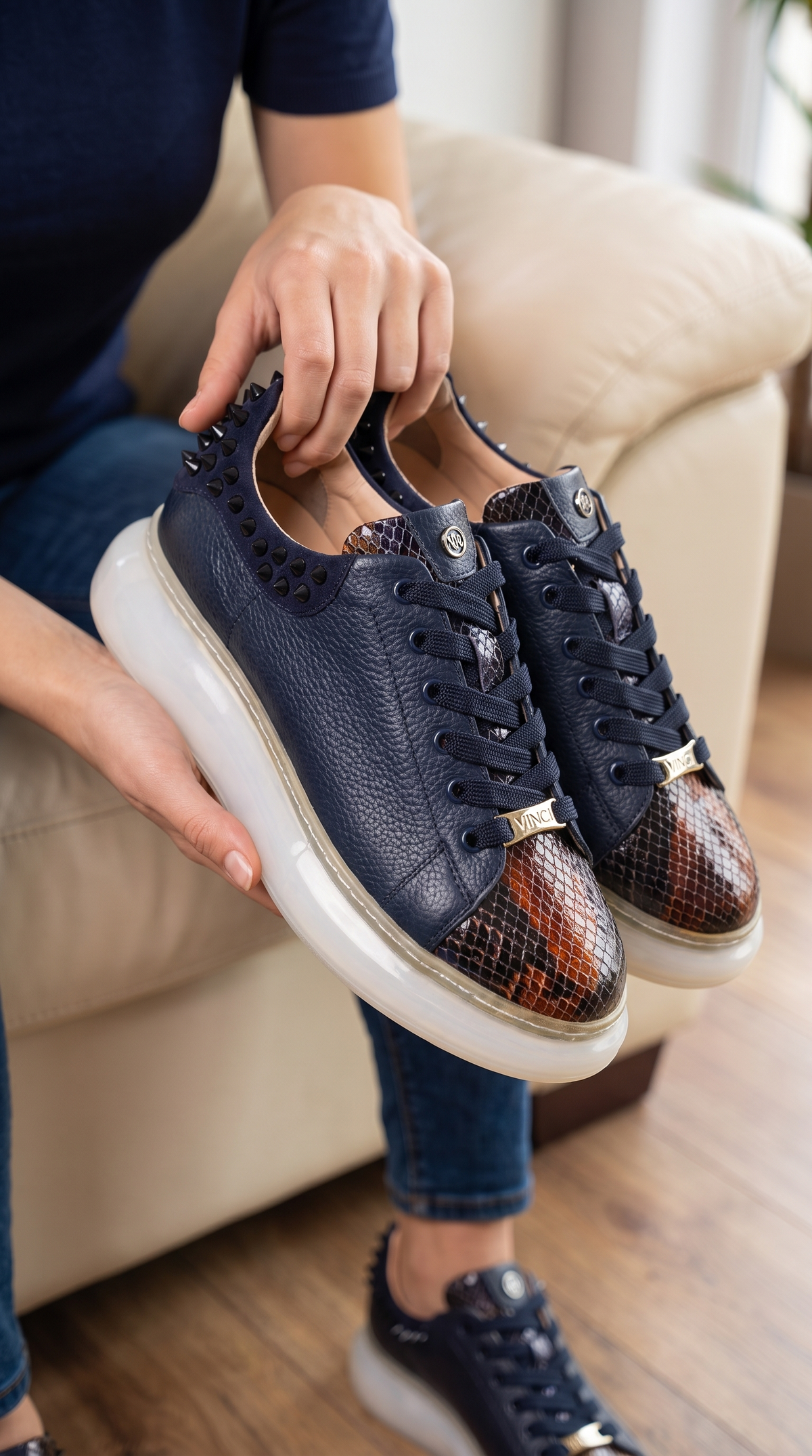 Vinci Leather The Venezia Dark Blue Leather Women Sneaker – product view 9