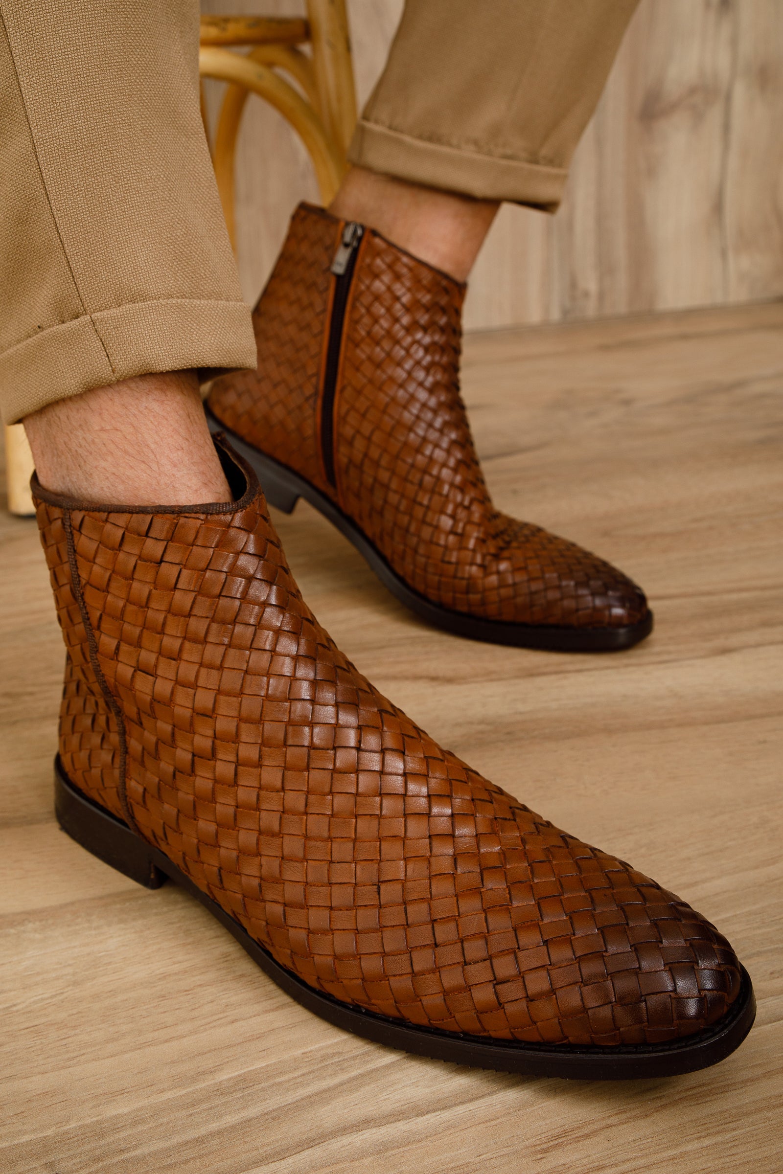The Wellington Tan Handwoven Leather Men Boot with a Zipper Final Sale!