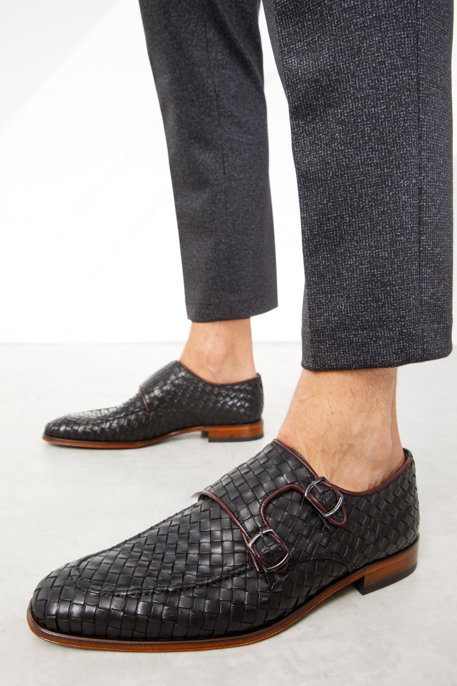 The Turan Black Woven Double Monk Strap Dress Men Shoe