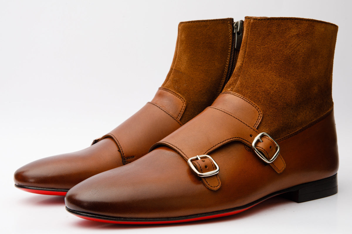 Vinci Leather Preston Tan Leather & Suede Double Monk Strap Ankle Men Boot – product view 2