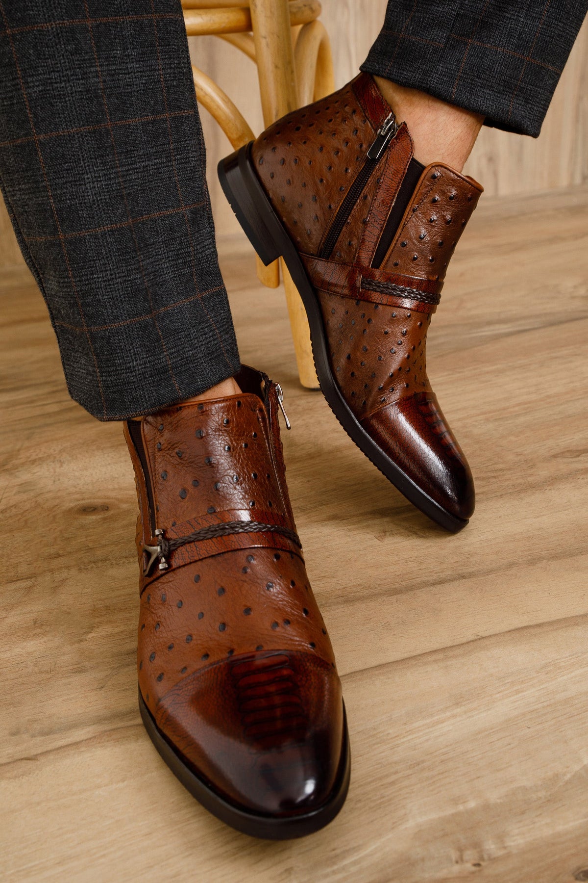 Vinci Leather The Dallas Tan Leather Bit Ankle Zip-Up Dress Men Boot – product view 2