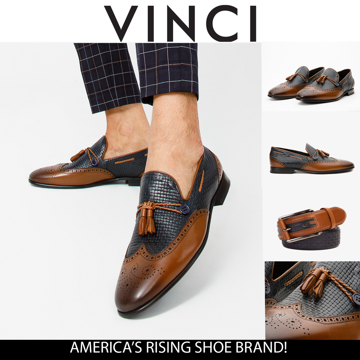 Vinci Leather The Istanbul Tan & Navy Blue Leather Tassel Loafer Men Shoe – product view 4