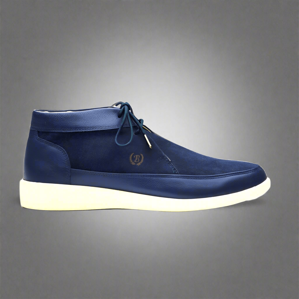 Johnny Famous Bally Style Central Park Men’s High Tops – Navy Blue Suede and Leather – Vintage 80s Vibe