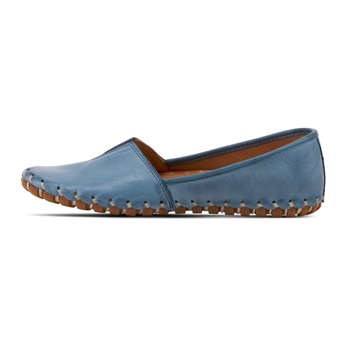 Spring Step Kathaleta women's blue slip-on shoe, left-facing side view