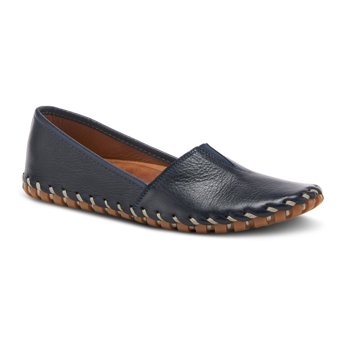 Spring Step Kathaleta women's navy slip-on shoe, three-quarter view