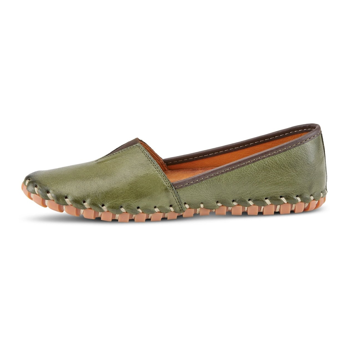 Spring Step Kathaleta women's olive green slip-on shoe, left-facing side view