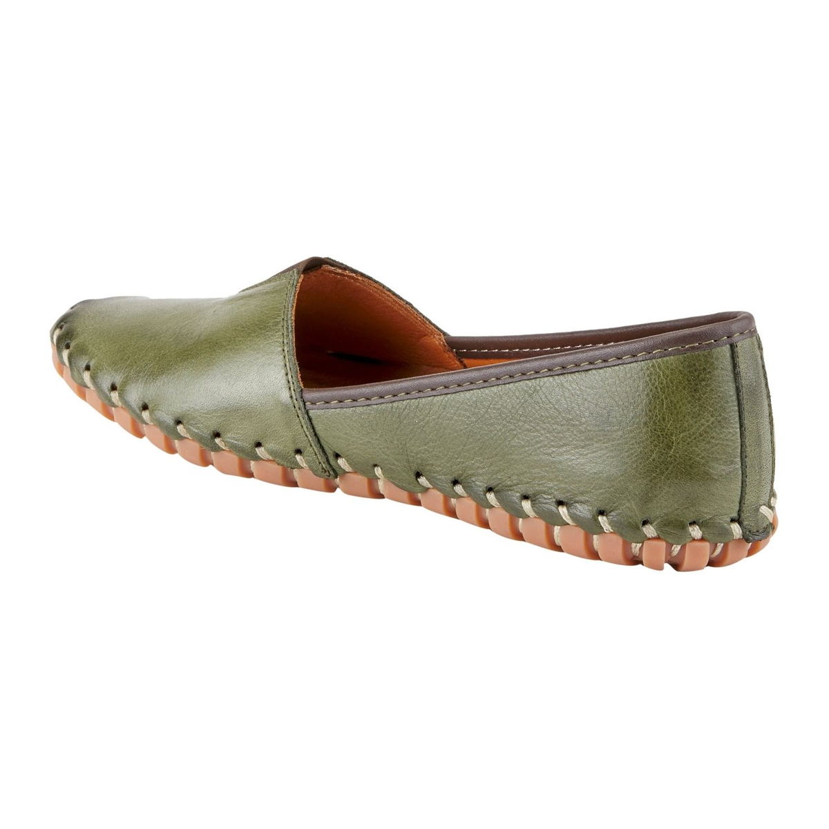 Spring Step Kathaleta women's olive green slip-on shoe, rear three-quarter view
