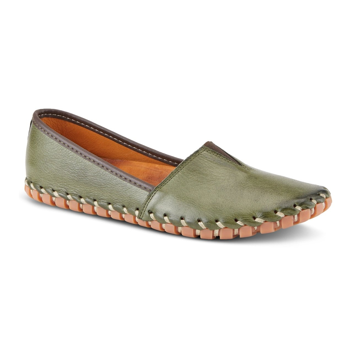 Spring Step Kathaleta women's olive green slip-on shoe, three-quarter view