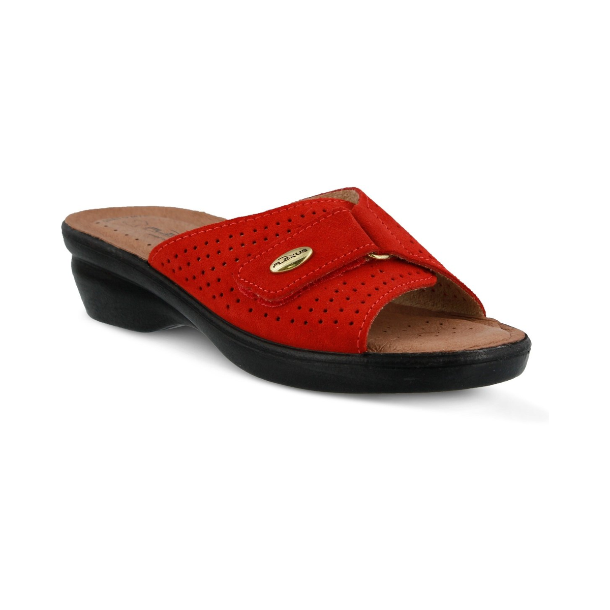 Flexus Kea Red Suede slide sandal, front three-quarter view