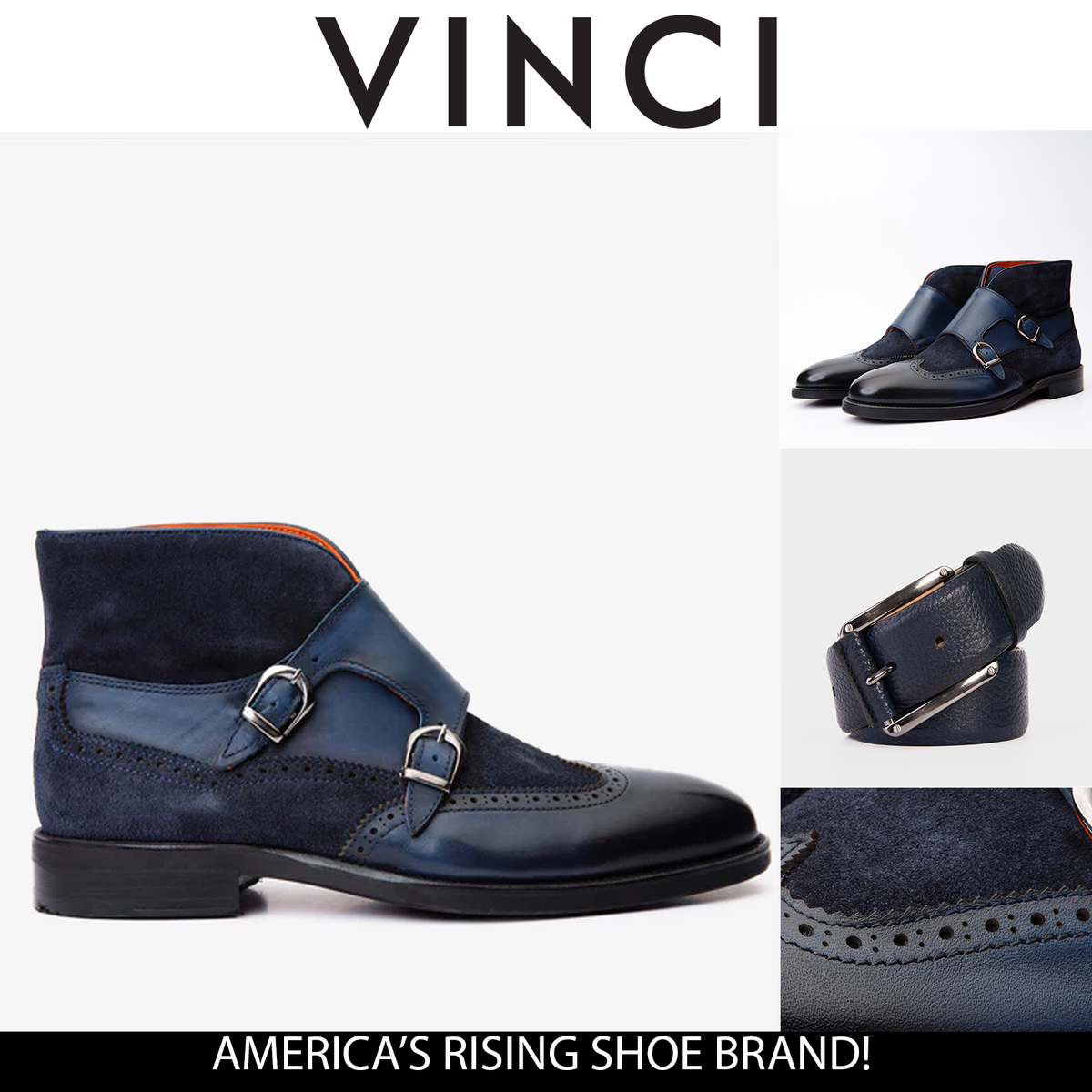 Vinci Leather The Albus Navy Blue Leather & Suede Double Strap Monk Brogue Men Boot – product view 5
