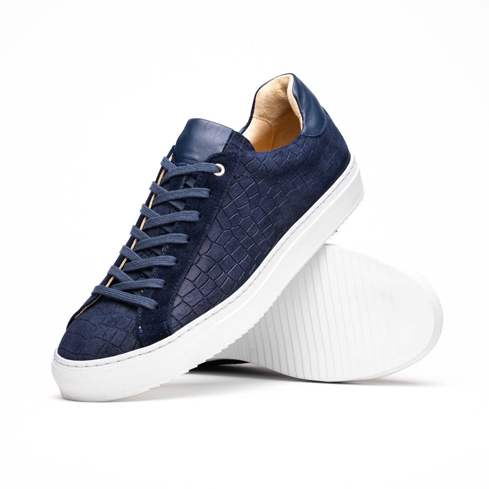 Zelli Italia Men's 66-266-NVY KOBE Crocodile Embossed Italian Sueded Goatskin Sneakers Navy