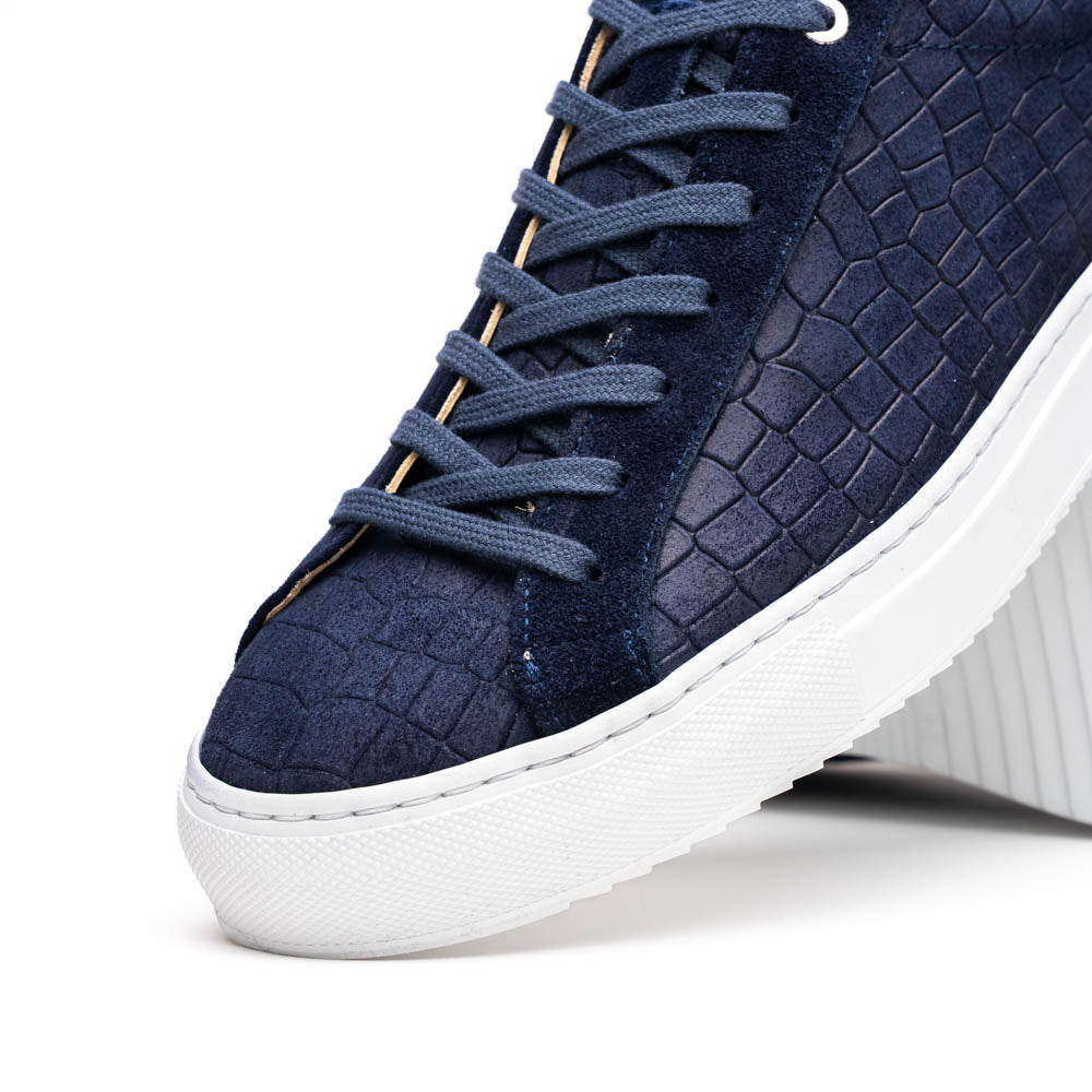Zelli Italia Men's 66-266-NVY KOBE Crocodile Embossed Italian Sueded Goatskin Sneakers Navy