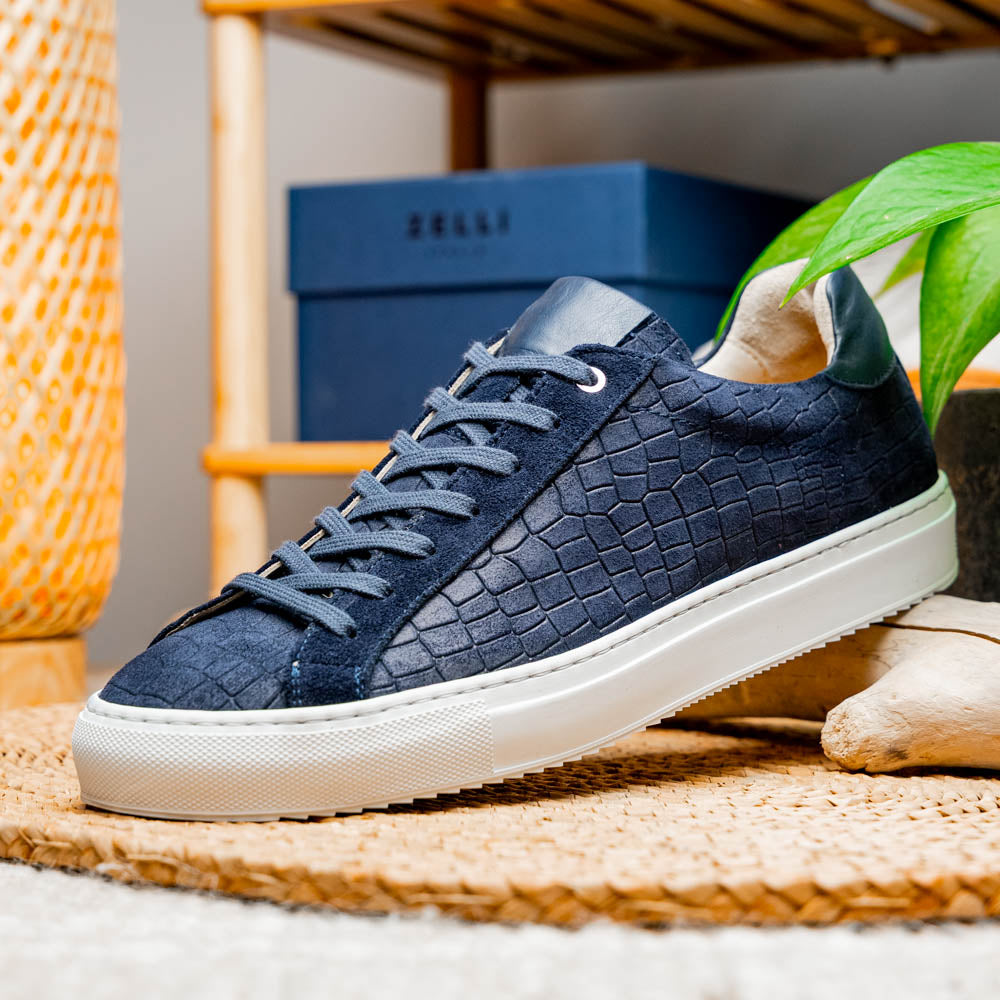 Zelli Italia Men's 66-266-NVY KOBE Crocodile Embossed Italian Sueded Goatskin Sneakers Navy