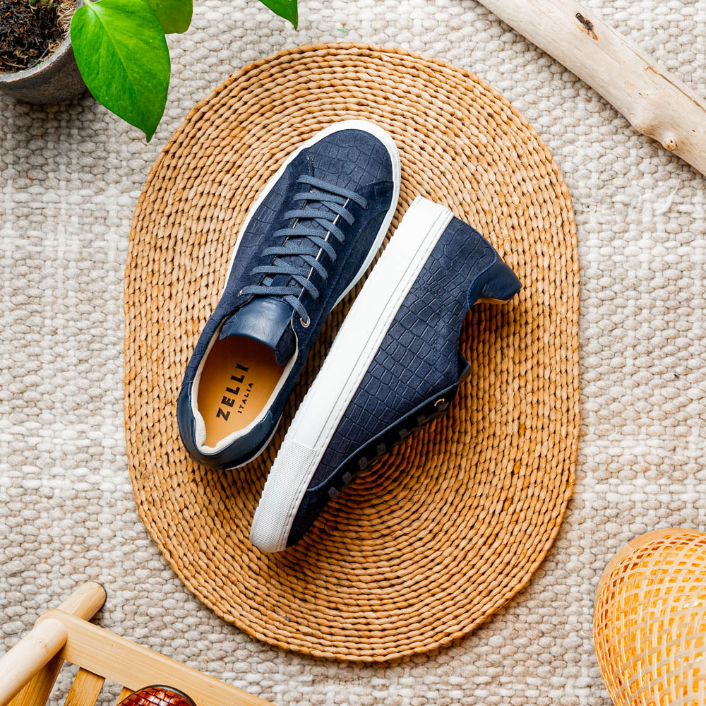 Zelli Italia Men's 66-266-NVY KOBE Crocodile Embossed Italian Sueded Goatskin Sneakers Navy