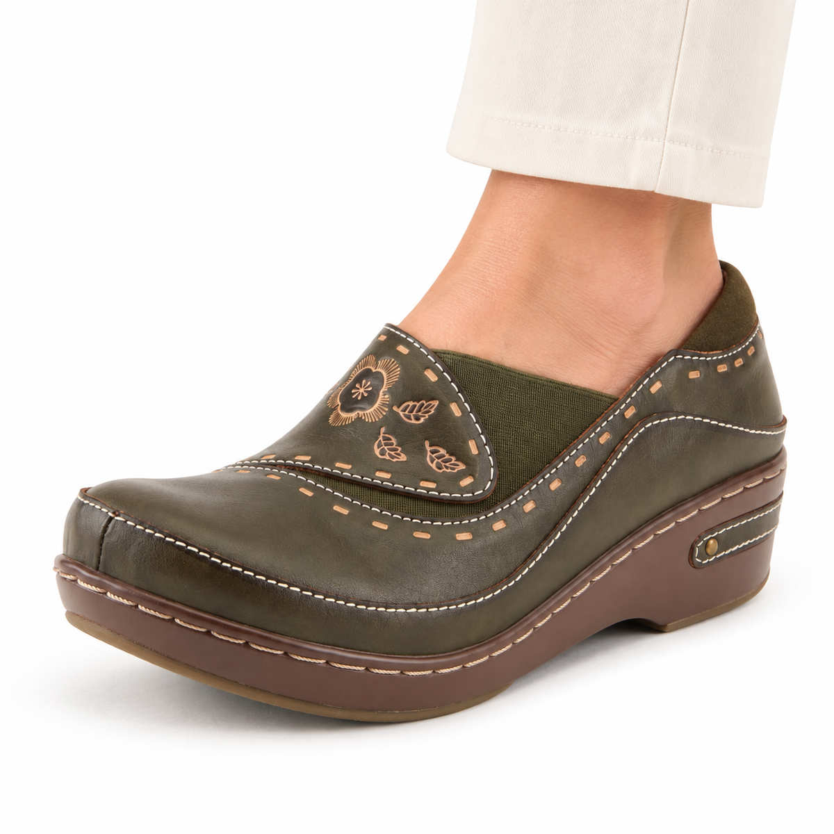 L'Artiste Burbank in Olive Green, on-foot styling on white; AI-generated model illustration