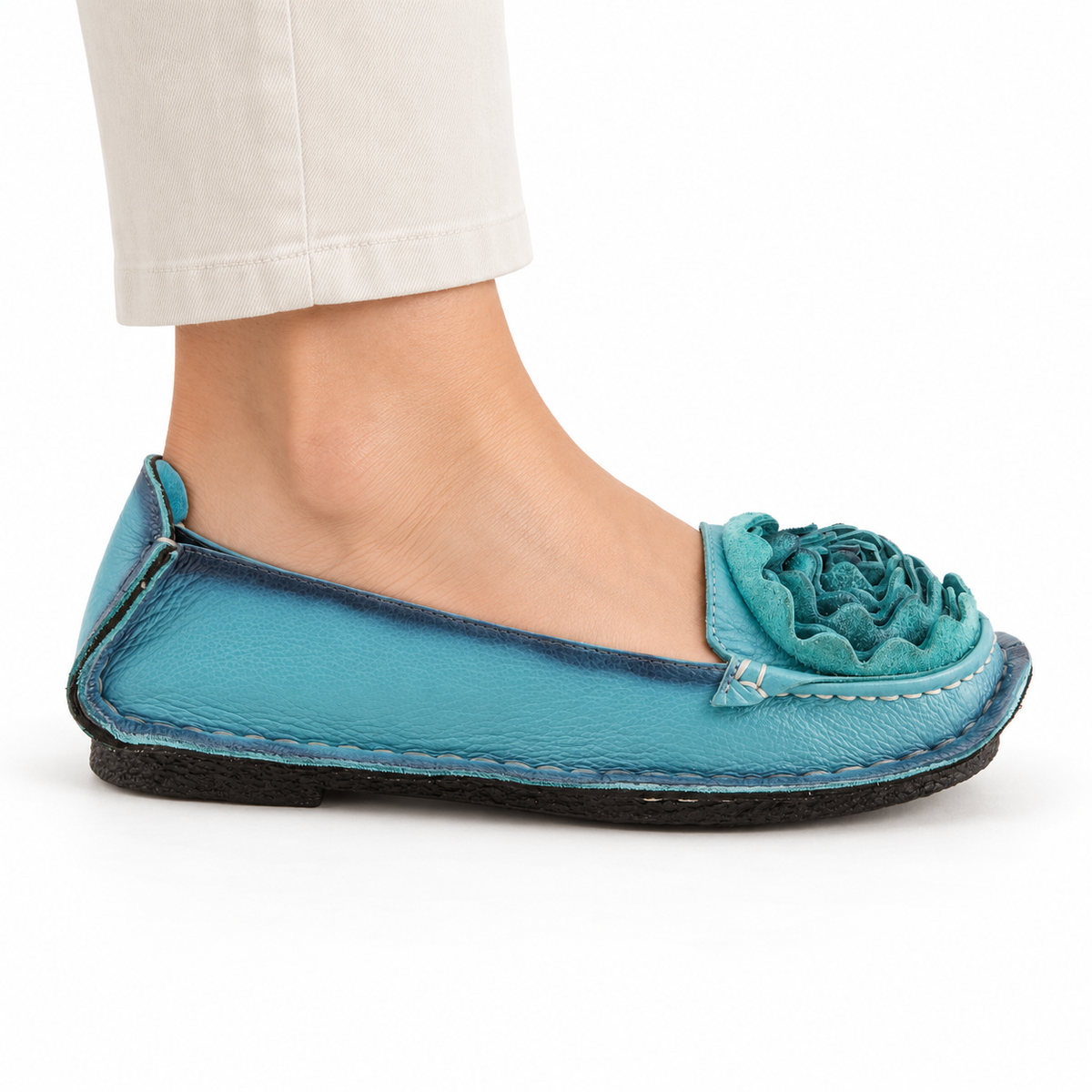 L'Artiste Dezi Blue flat, on-foot side view against white; AI-generated styling illustration