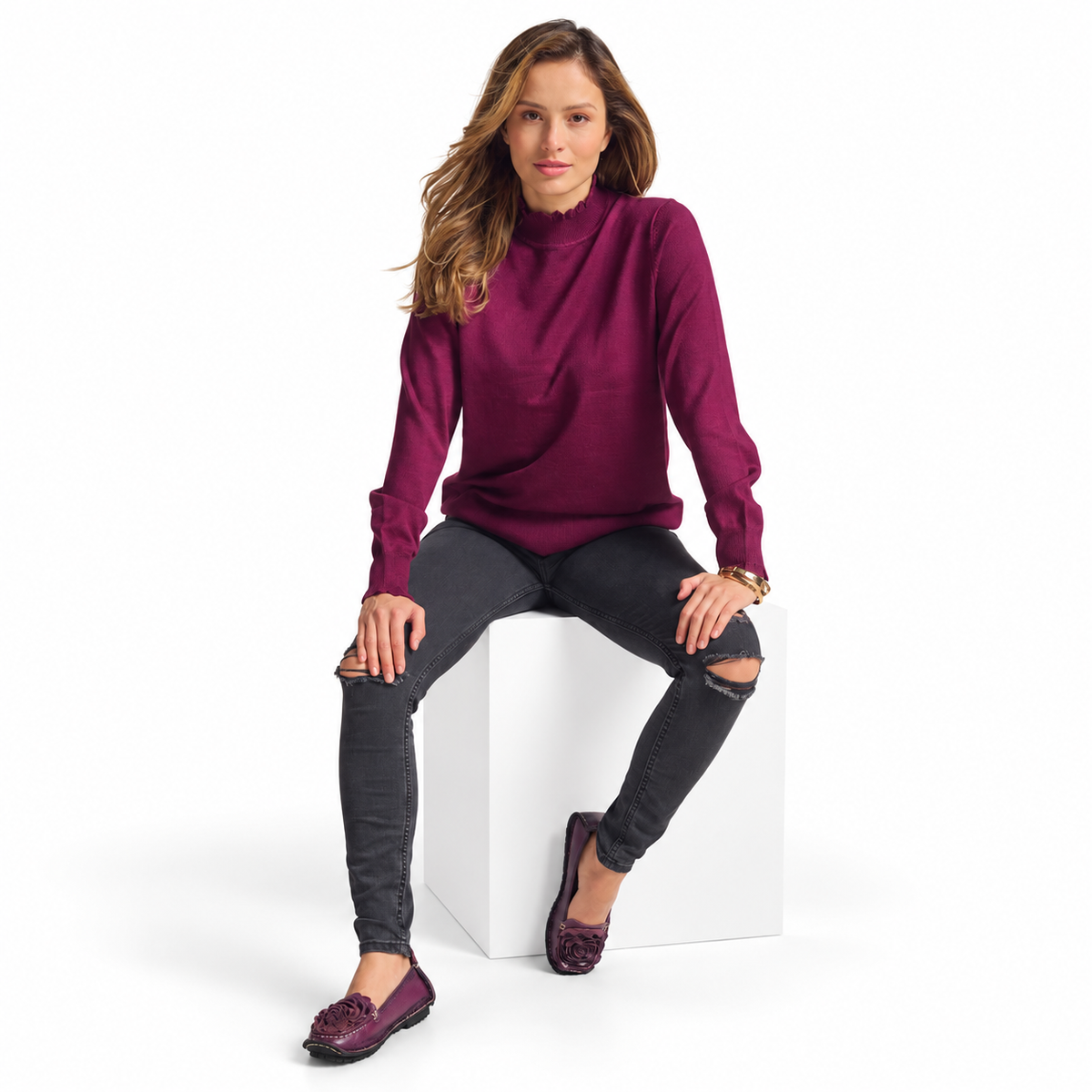 L'Artiste Dezi Purple flats, seated model on white; AI-assisted edit of existing supplier styling image