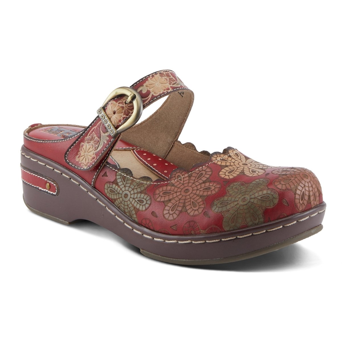 L'Artiste Flochino Red Multi clog, front three-quarter view