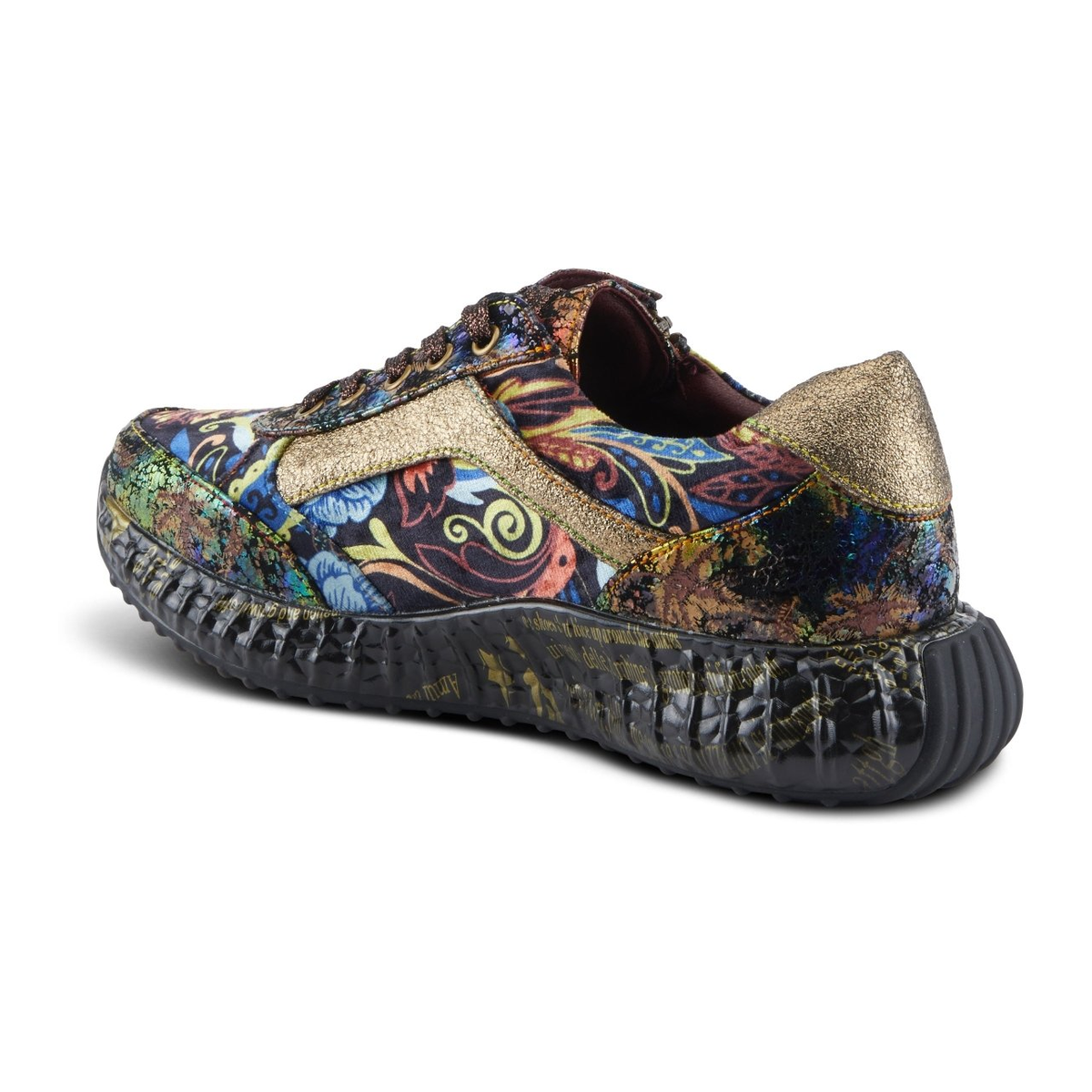 L'Artiste Javana women's gold multi sneaker, rear three-quarter view