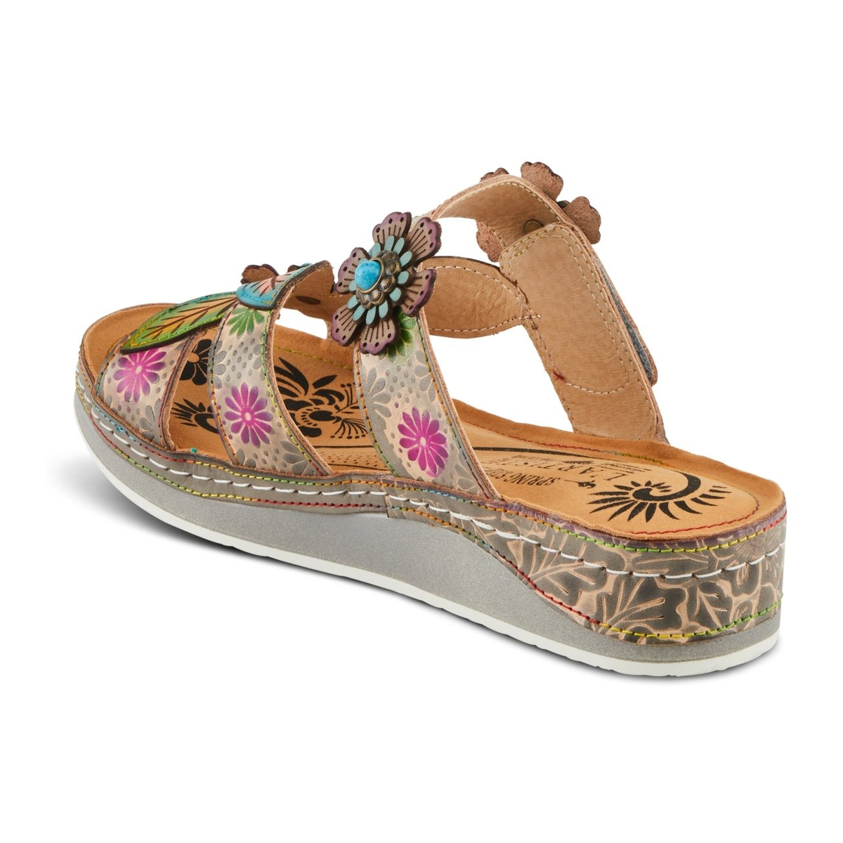 L'Artiste Pillow-Soft floral slide sandal in Grey Multi, rear three-quarter view