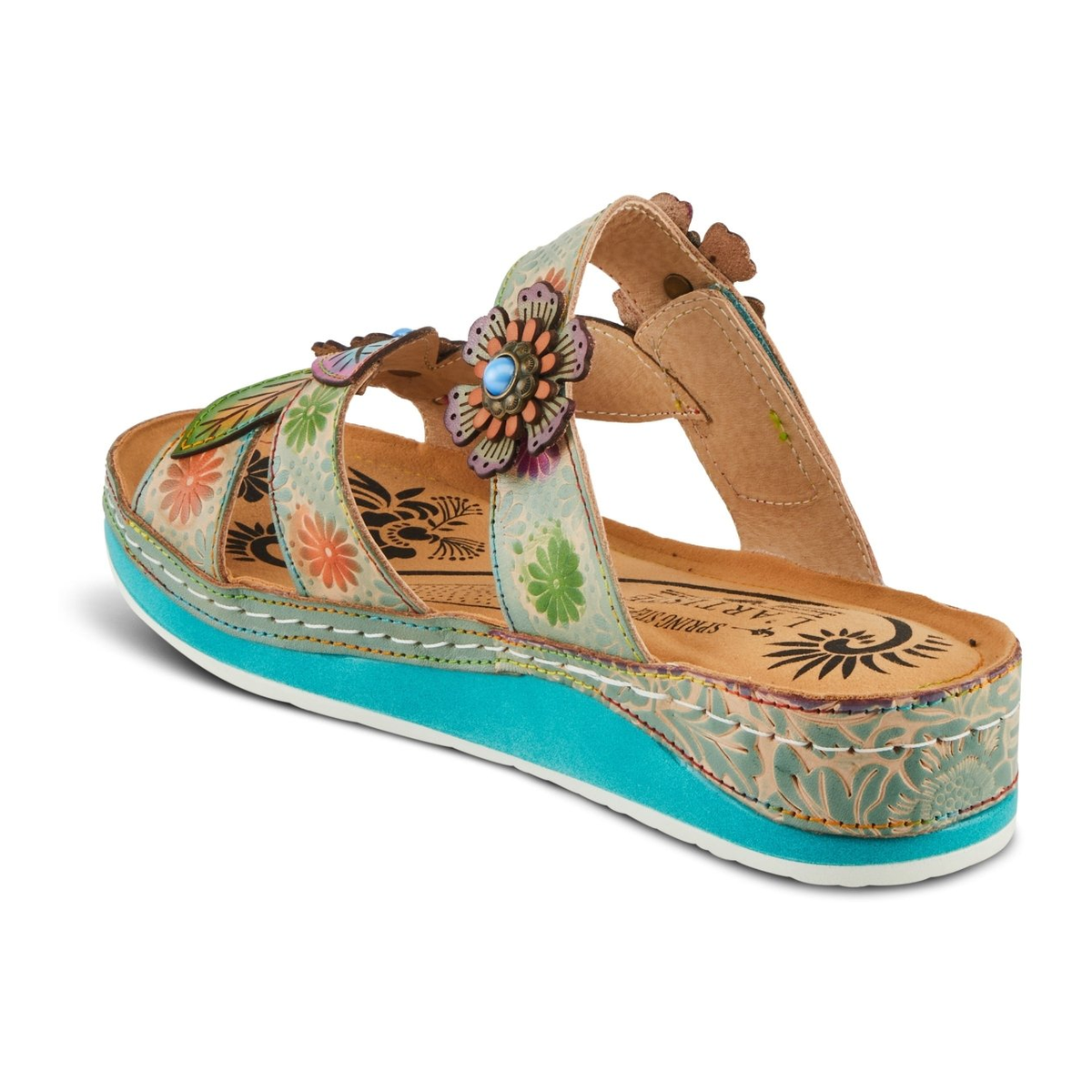 L'Artiste Pillow-Soft floral slide sandal in Mint Green Multi, rear three-quarter view