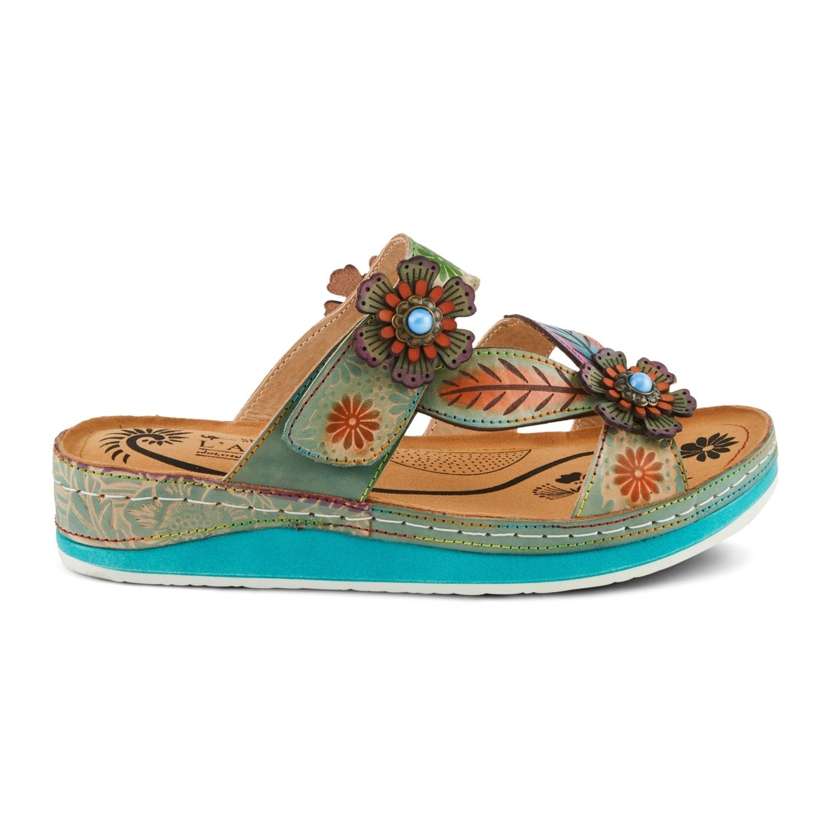 L'Artiste Pillow-Soft floral slide sandal in Mint Green Multi, right-facing side profile