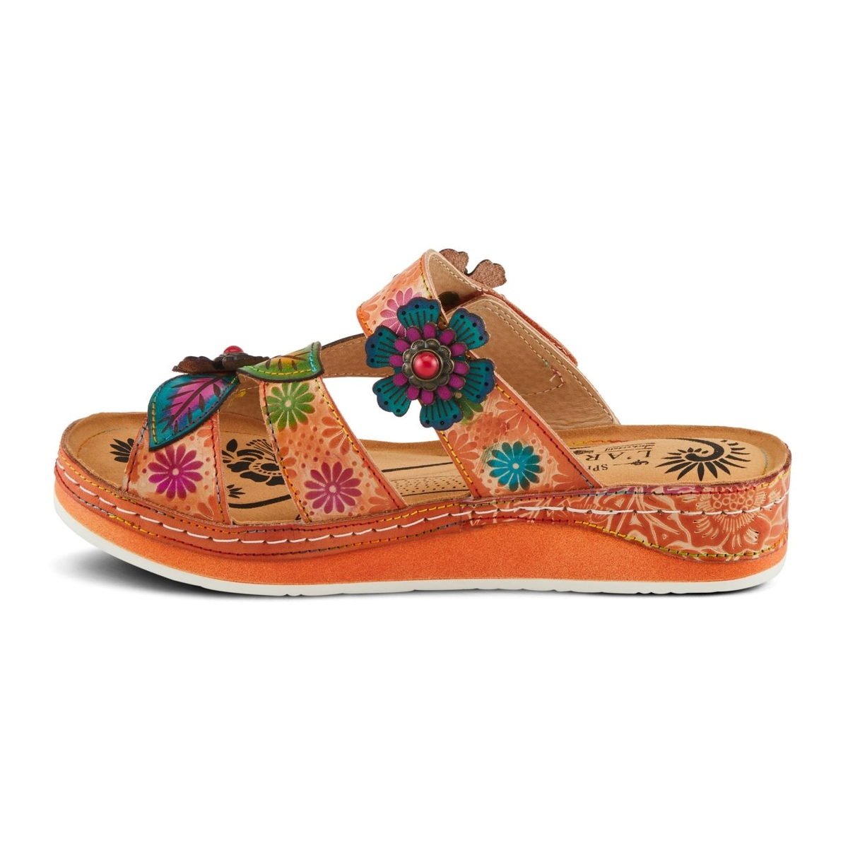 L'Artiste Pillow-Soft floral slide sandal in Peach Multi, left-facing side profile