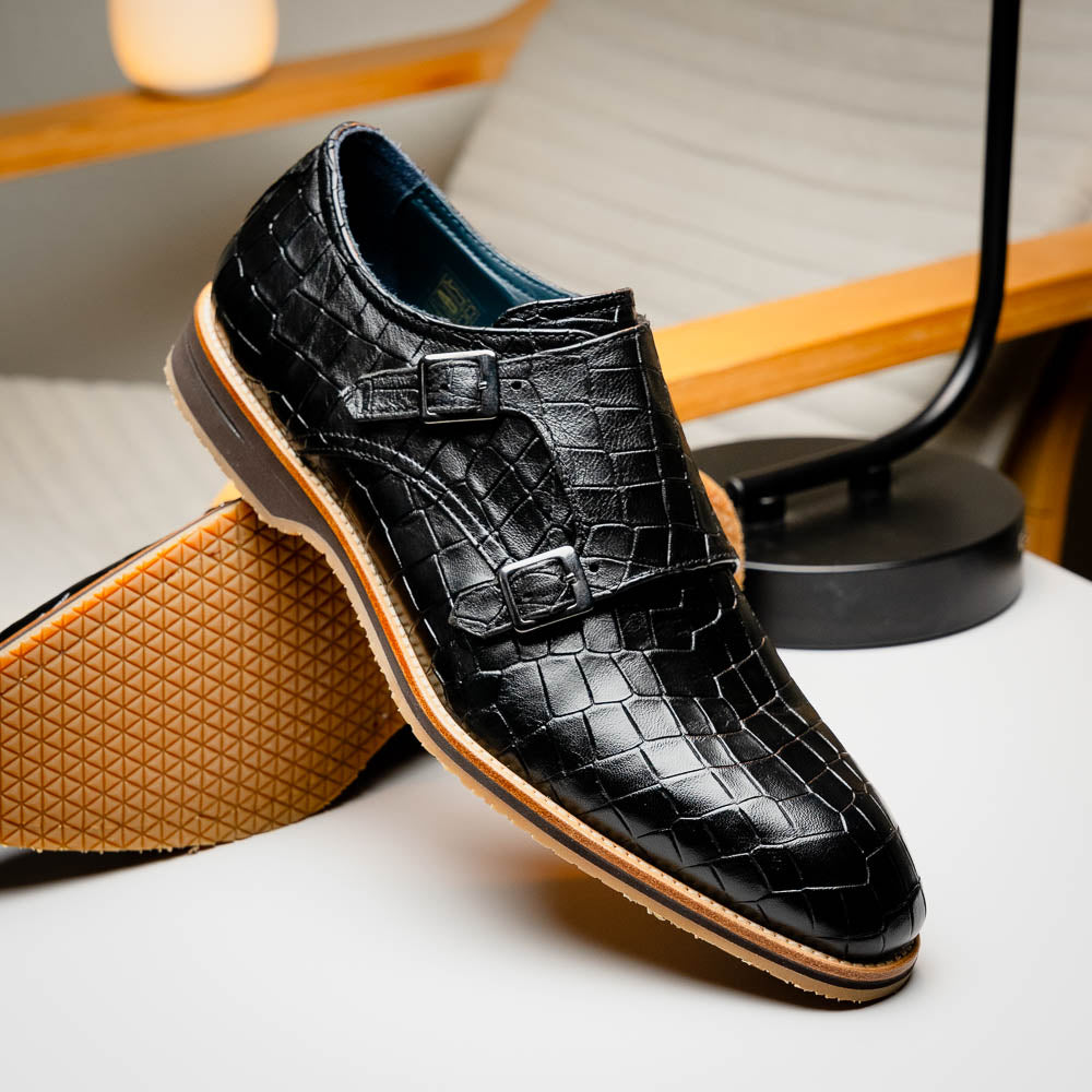 Zelli Italia Men's 55-112-BLK LEGERRA Hand Burnished Crocodile Print Monkstrap Black