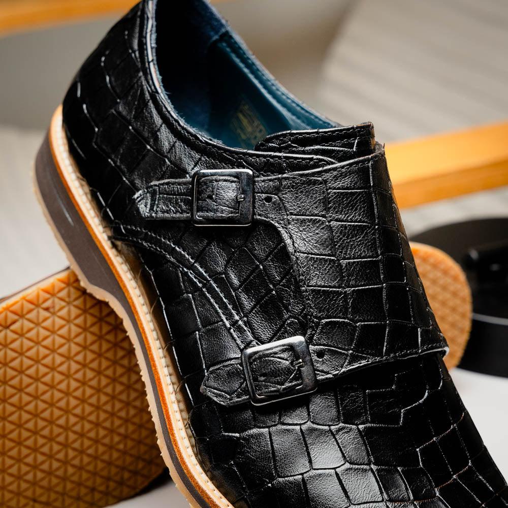 Zelli Italia Men's 55-112-BLK LEGERRA Hand Burnished Crocodile Print Monkstrap Black