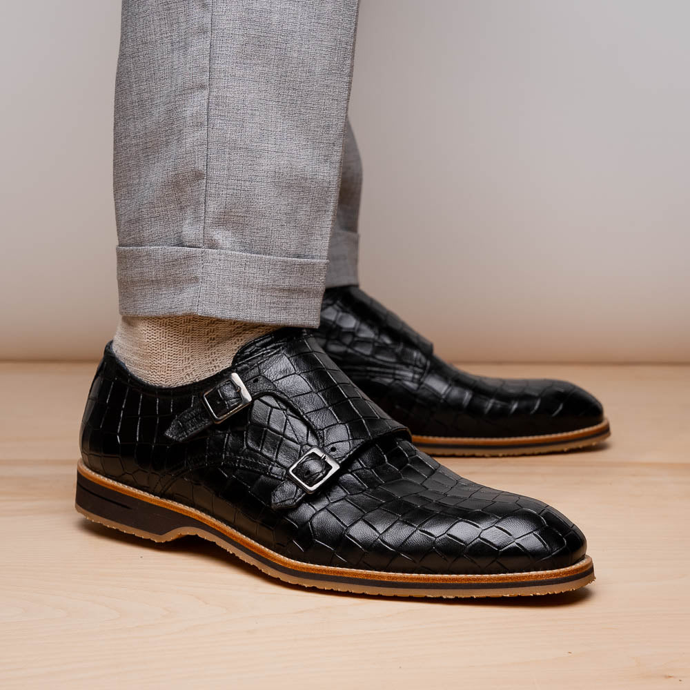 Zelli Italia Men's 55-112-BLK LEGERRA Hand Burnished Crocodile Print Monkstrap Black